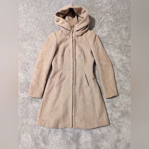 Zara Hooded Dual Zip Wool Blend Coat, Cream/Tan, size M